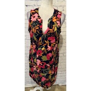 Lands' End Shift Dress Tropical Floral Pockets V Neck Cotton Medium